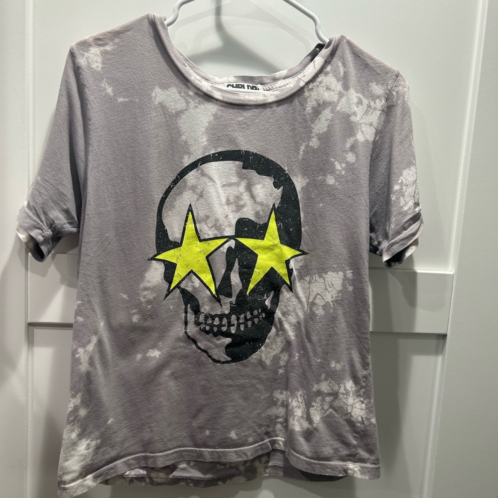 CHRLDR Gray Tie-Dye Skull Tee with Yellow Star Eyes